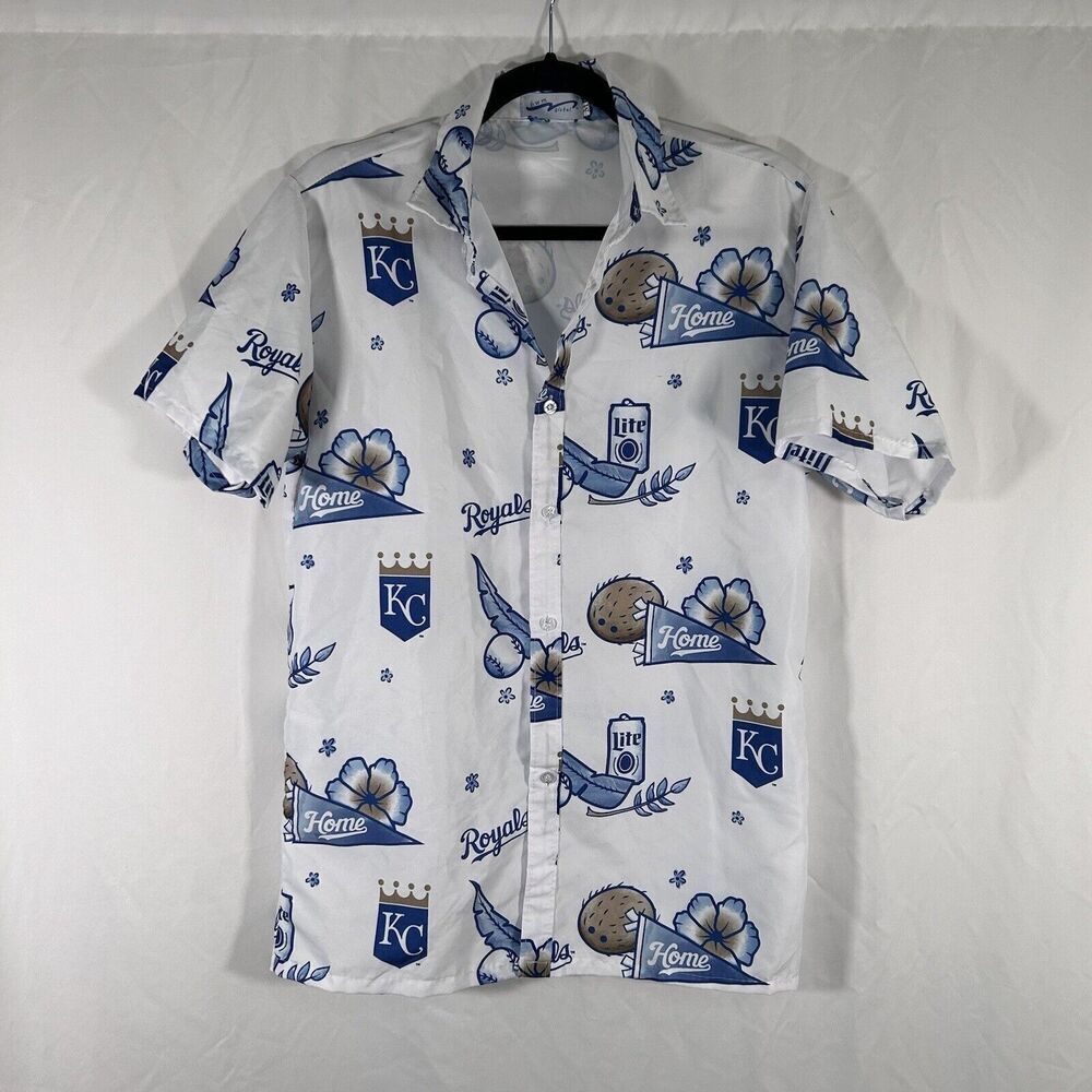 Royals Baseball Polo Shirt Men's Medium White Miller Light Print Button Hawaiian